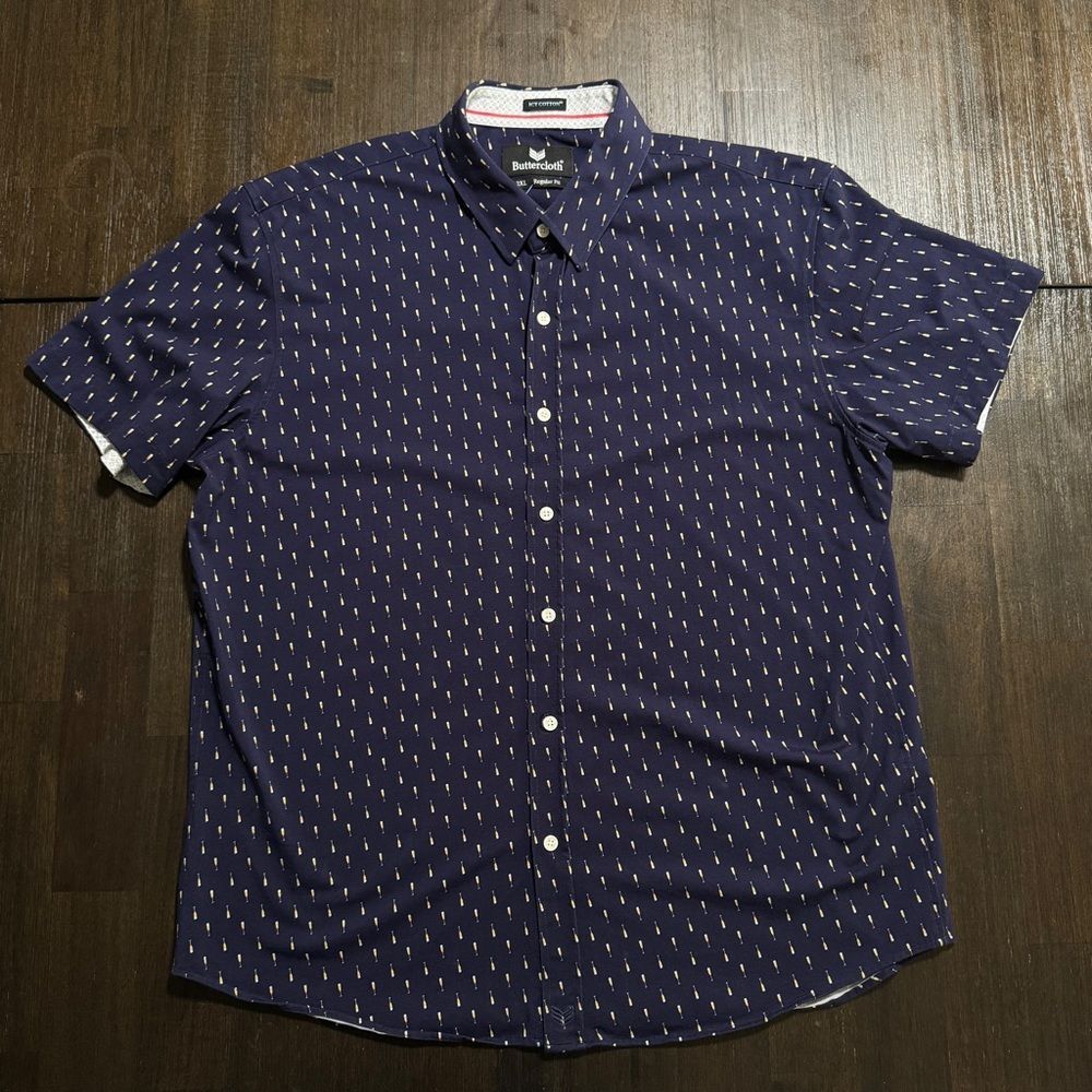Buttercloth Icy Cotton Navy Champagne Glass Patterned Short Sleeve Shirt 2XL Reg